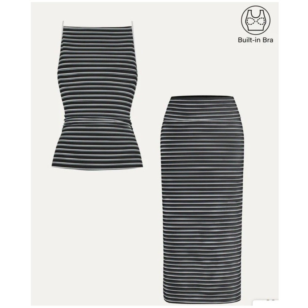 NWT OGL Striped Spaghetti Bra Top M & Low Rise Midi Skirt S Black/Grey/White - Picture 2 of 13